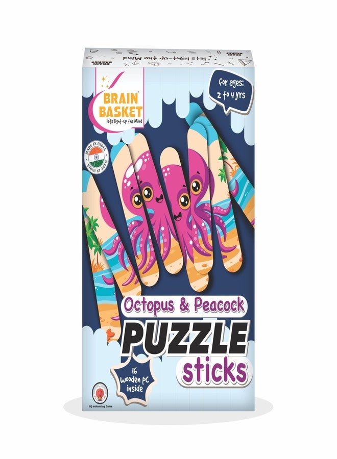 BRAIN BASKET Pack of 2 Wooden Stick Puzzles for Kids 2-4 Years, Preschool Montessori Educational Toy | Fun Way to Learn Animal Names Octopus and Peacock| Puzzle & Scrabble Game for Kids - Image 1